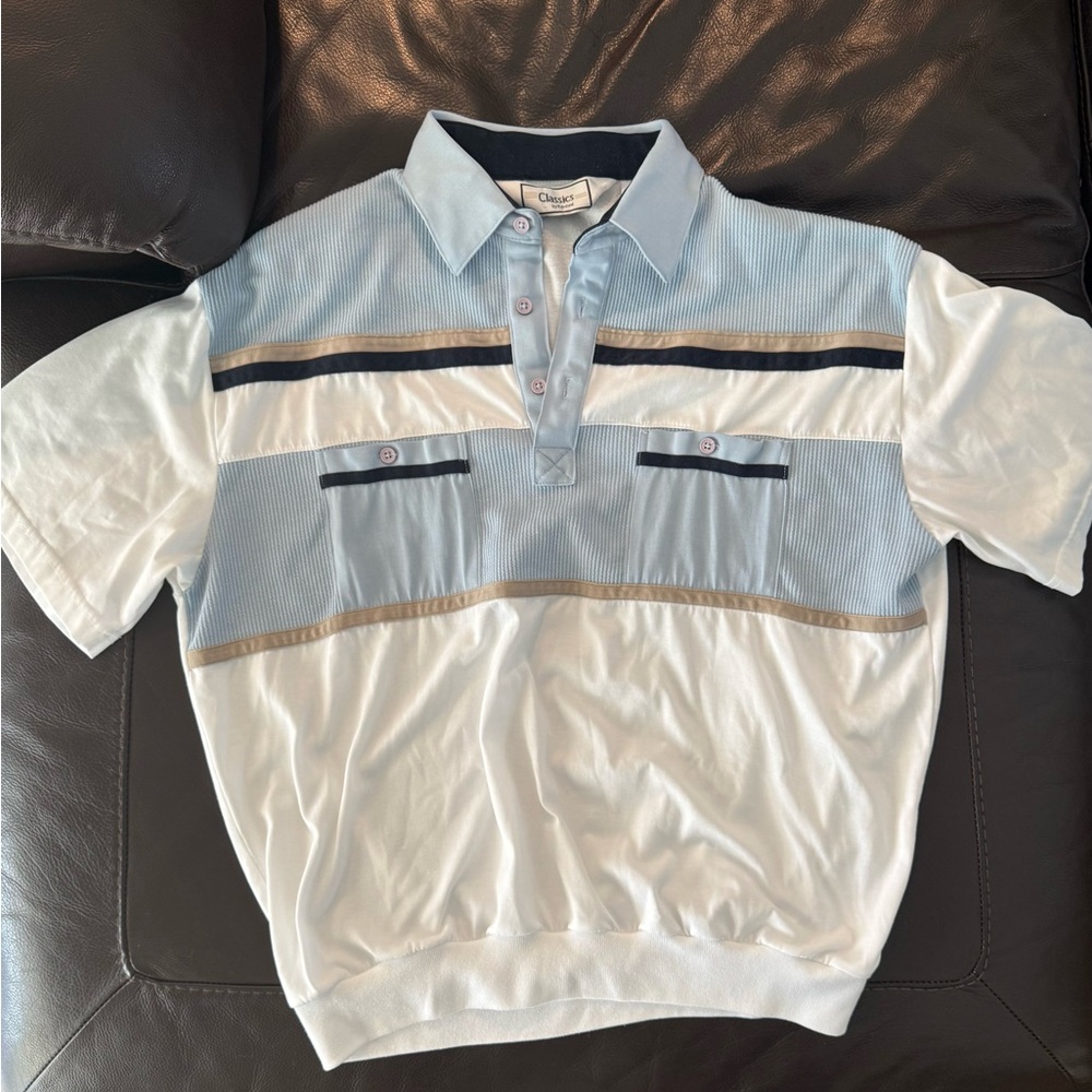 VTG 90’s VTG Classic Palmland Men's Light Blue and White Polo Shirt